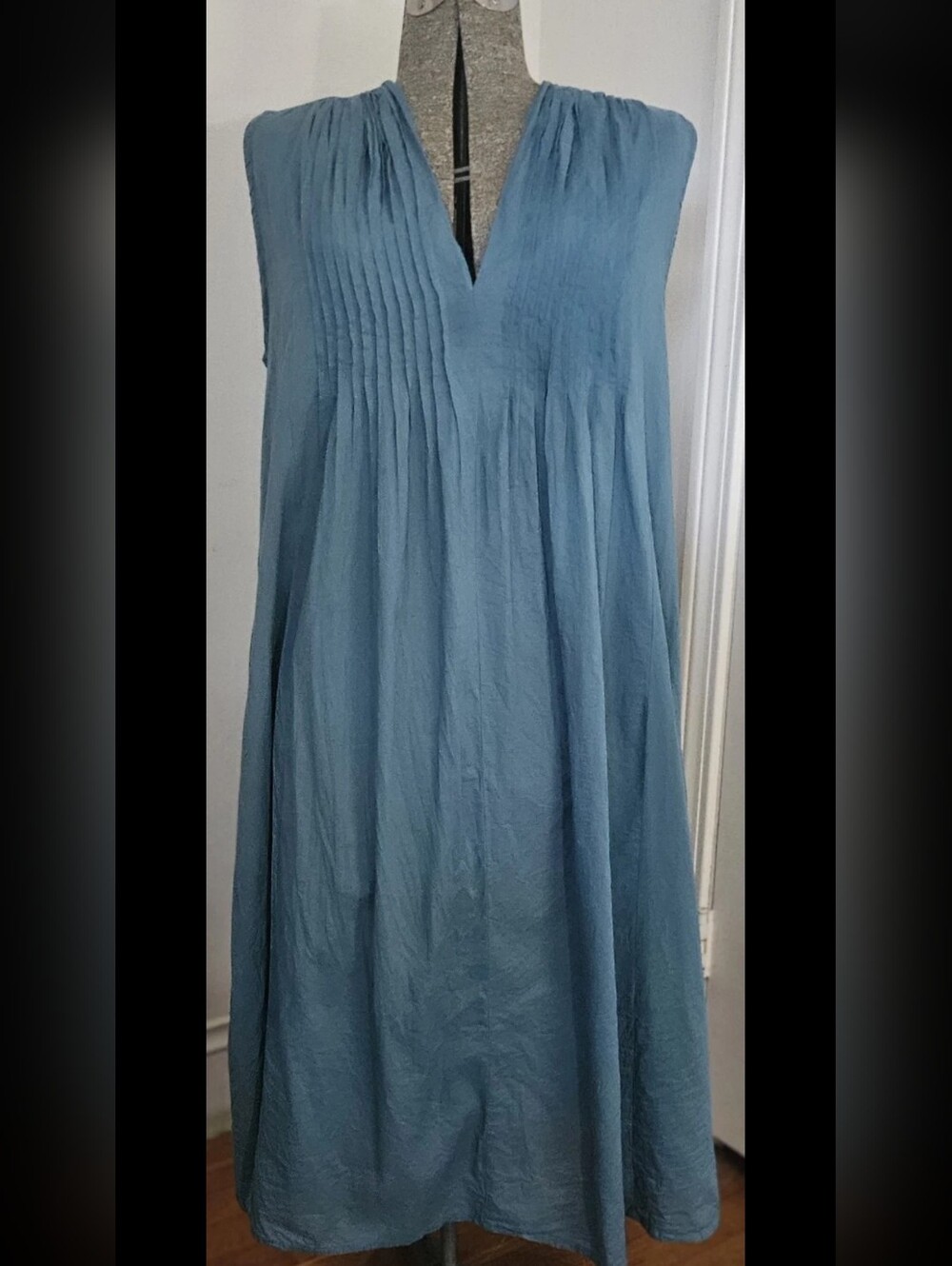 Becasa Beach Dress Blue One Size 100% Cotton V Neck Pintucked Bodice